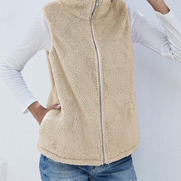 Womens Fuzzy Sherpa Fleece Jacket Lightweight Vest Cozy Sleeveless Cardigan Zipp - Picture 4 of 6